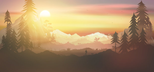 落日背景下的森林和山脉图片下载