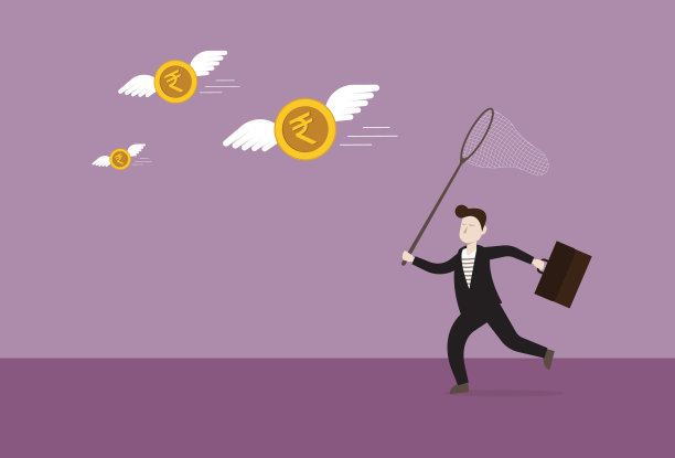 一名商人用蝴蝶网捕捉一枚印度卢比硬币图片下载