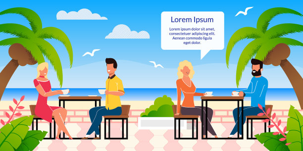 热带度假村平面海报上的海滩咖啡馆图片下载