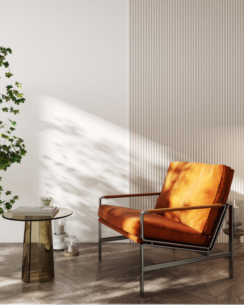 皮革扶手椅和咖啡桌，米色墙壁和木地板，斯堪的纳维亚风格的客厅内部模拟，现代客厅内部背景，3d渲染图片下载