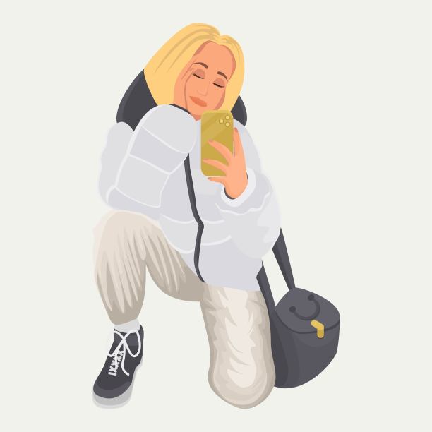 一个女孩在自拍。时尚插画。的趋势。风格。图形。向量。作品可用于印刷、网站、服装设计。图片下载