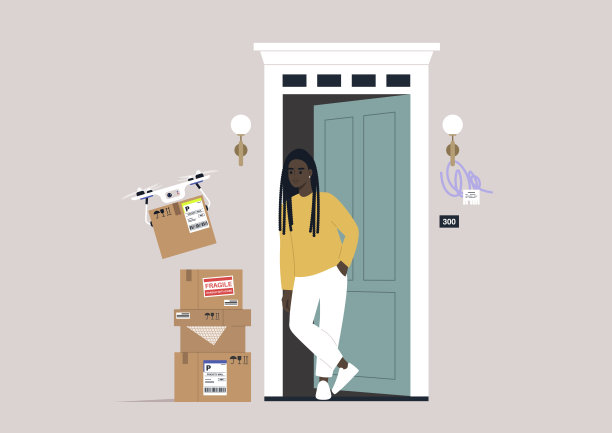 一个年轻的非洲女性站在大楼门口，一架无人机把包裹送到他们的门口图片下载