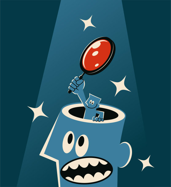 深入挖掘大脑和思想，一个小个子男人从一个巨人敞开的脑袋里出现，拿着一个大放大镜图片下载