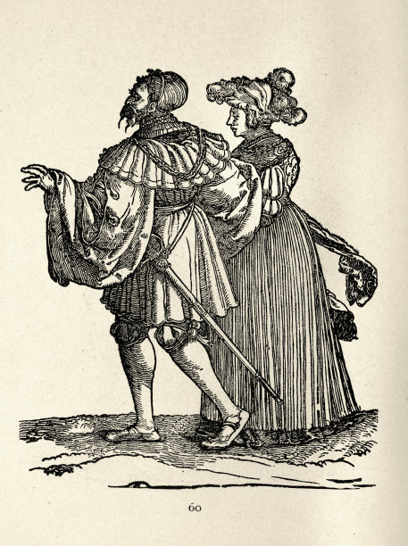 德国16世纪的历史服装夫妇，穿着带帽子的连衣裙，紧身上衣，马裤，剃光的剑和腰带图片下载