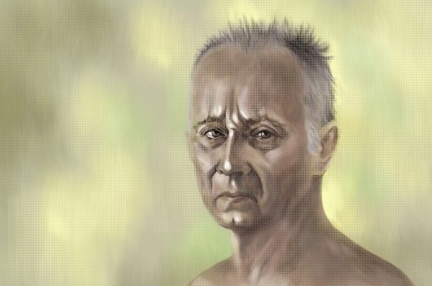 插图油画肖像的一个人的悲伤和悲伤的疾病在一个淡黄色的背景与阳光眩光图片下载