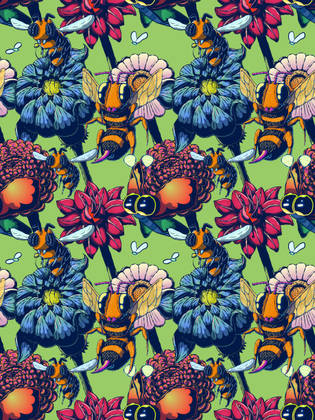 手绘彩色无缝图案-蜜蜂和蝴蝶飞过花朵。图片下载