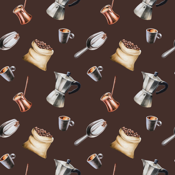 水彩无缝图案与咖啡制作工具。拿铁咖啡，浓缩咖啡，美式咖啡。在孤立的背景上手绘。适用于设计师，菜单，商店，酒吧，小酒馆，餐厅，用于明信片，包装纸，封面。海报及纺织品图片下载