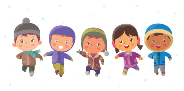 在一个寒冷的冬天，一群小学生在户外。他们穿得很暖和。他们在雪地里跑得很开心图片下载