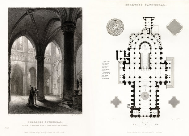 法国大教堂，沙特尔大教堂，鲁昂，法国，古董法国版画，1837年图片下载
