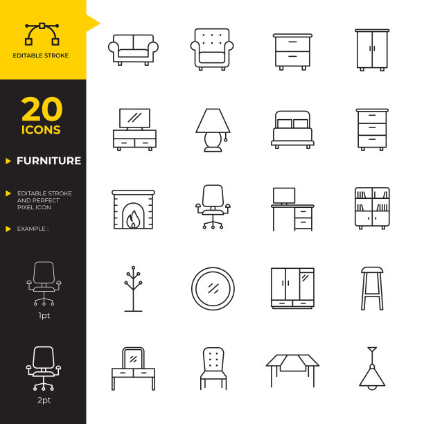 家具-可编辑笔画和像素完美。细线图标矢量集图片下载