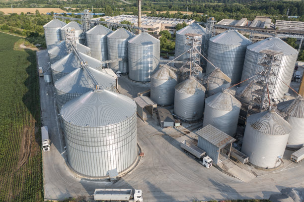 鸟瞰储存种子和谷物的筒仓。图片下载
