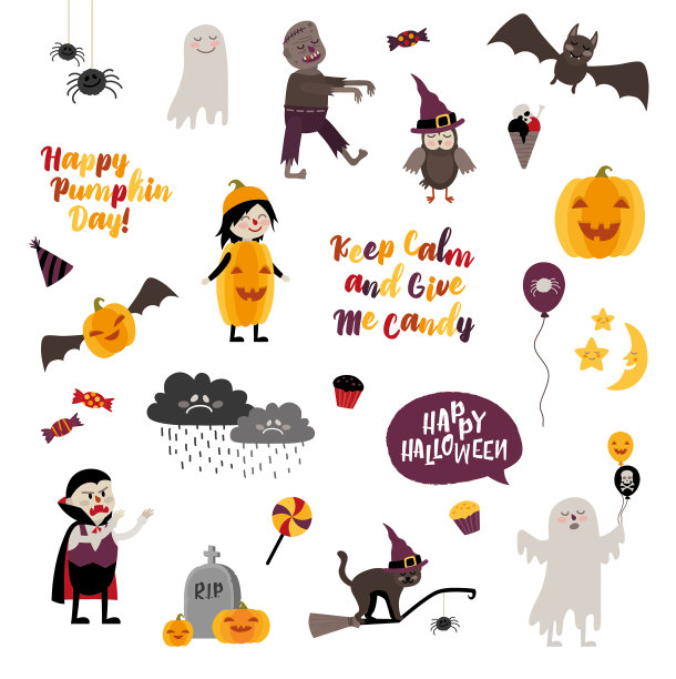 万圣节设计元素的对象，标志，项目，符号和卡通人物。图片下载