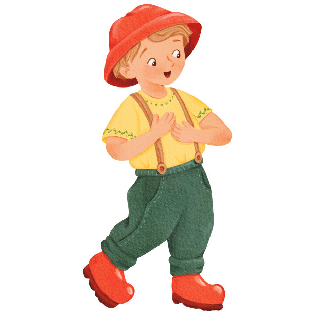 一个戴着红色巴拿马帽、穿着绿色裤子的男孩惊讶地向下看，很高兴。孤立的水彩插图是有用的儿童插图，教科书，指南，学校的书，工作簿，笔记本，书图片下载