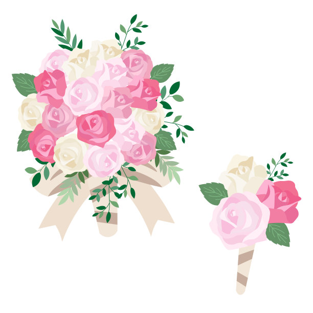 玫瑰婚礼花束和胸花的插图图片下载