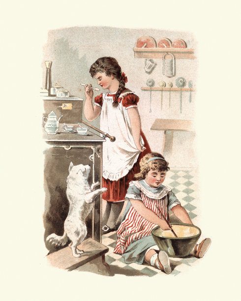 女孩们在厨房里学习烹饪和烘焙，维多利亚时代，十九世纪九十年代图片下载