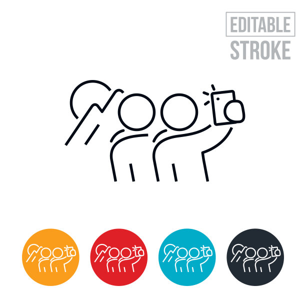 两个朋友背包客自拍与山在背景细线图标-可编辑的笔画图片下载