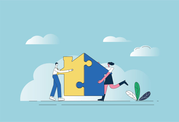 一个男人和一个女人正在用拼图游戏一起盖房子。图片下载