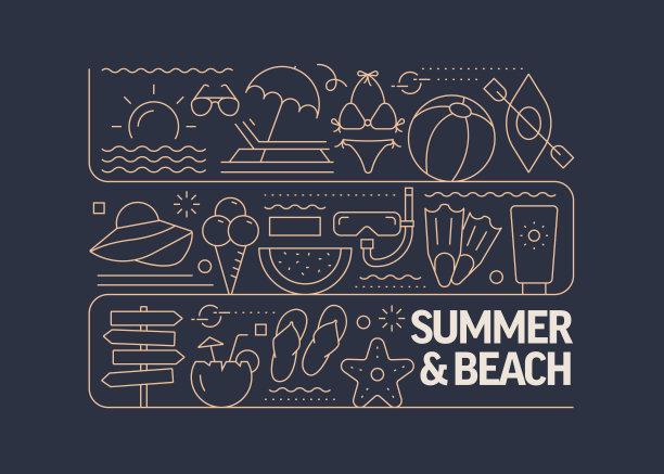 夏季和海滩相关的矢量横幅设计概念，与图标的现代线条风格图片下载