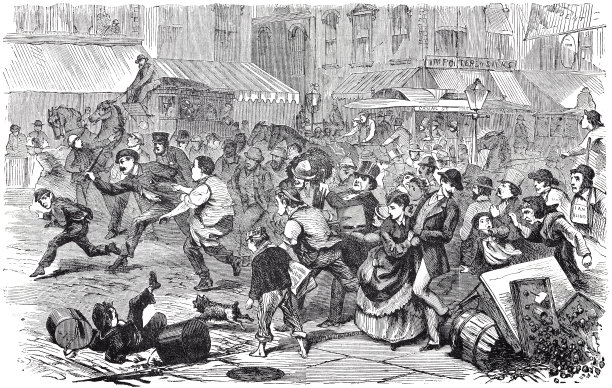 纽约市，捕贼，一名警察在繁忙的街区追赶小偷，1868年图片下载