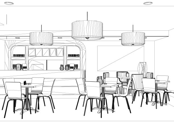 时髦的餐厅。高档餐厅或小酒馆室内装饰的轮廓，在白色背景上用等高线手绘。现代咖啡馆的草图。单色矢量图图片下载
