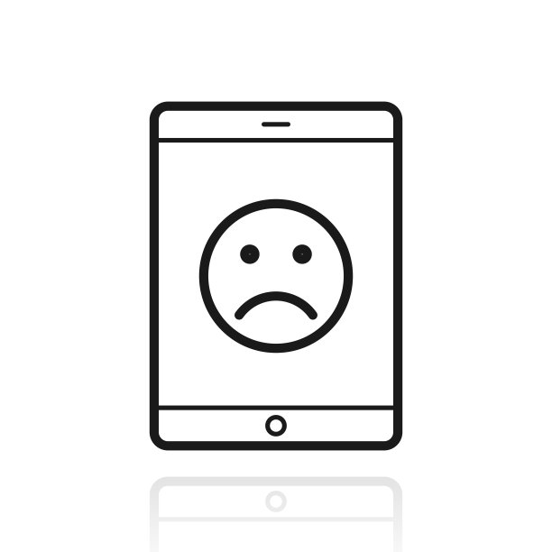 带有悲伤表情的平板电脑。白色背景上反射的图标图片下载