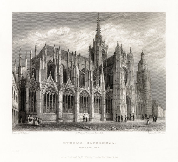 法国大教堂，埃夫勒大教堂，博韦，瓦兹，埃夫勒，法国古董雕刻，1837年图片下载