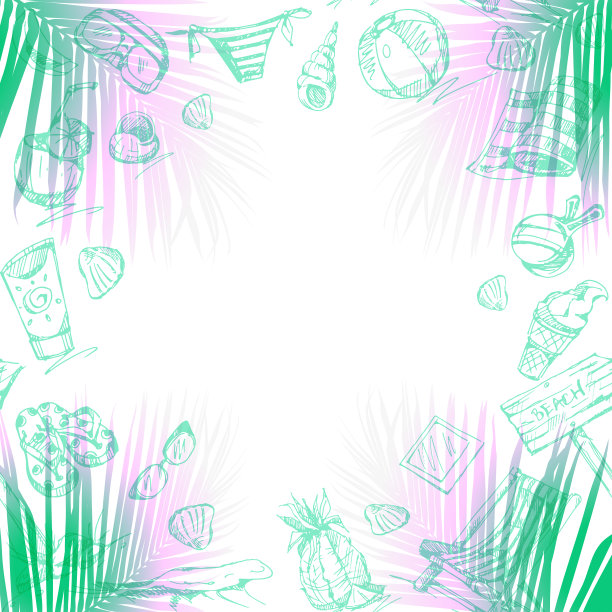 卡通风格的海上旅行和海滩度假概念。棕榈叶阴影与写意画在孤立的白色背景与文字空间。图片下载