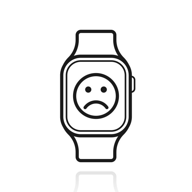 带有悲伤表情的智能手表。白色背景上反射的图标图片下载