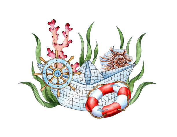 纸船救生圈头盔水彩图片下载