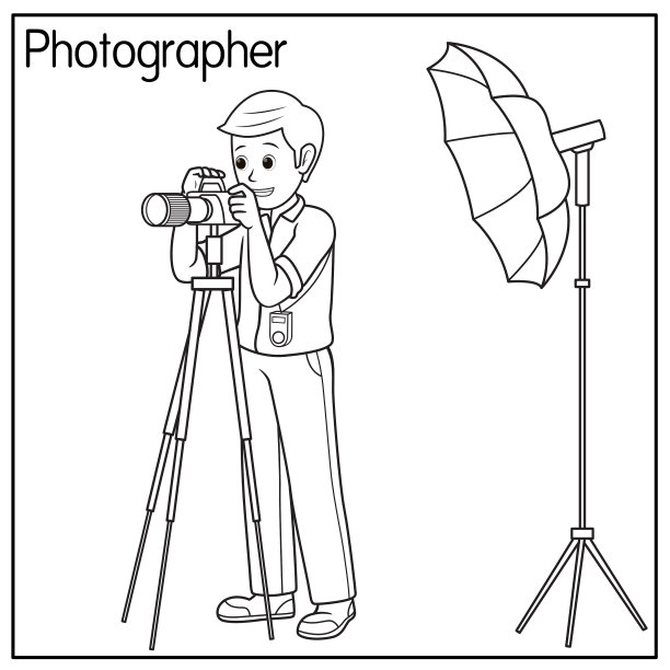 矢量插图的摄影师孤立在白色的背景。工作和职业概念。卡通人物。教育和学校的孩子涂色页，打印，活动，工作表，抽认卡。图片下载