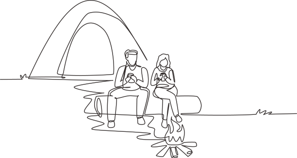 单线连续画一对徒步旅行者图片下载