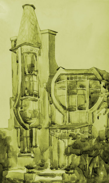 插画艺术画水彩在乌贼景观建筑与不对称的新艺术窗户对着光的天空的树和云图片下载