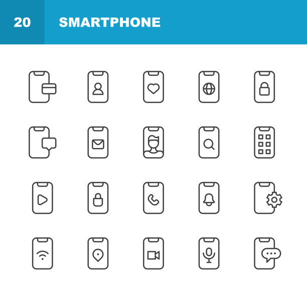 智能手机线路图标。可编辑的中风。像素完美。移动和Web。包含诸如数字显示、娱乐、游戏、互联网、消息、网上购物、智能手机、社交媒体、触摸手势、触摸屏、视频流、电话等图标。图片下载