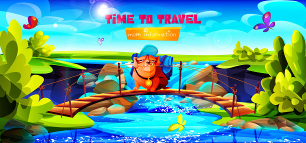 露营和卡通风格的旅游概念。游客斗牛犬在桥上，背景是夏日阳光明媚的瀑布景观。图片下载