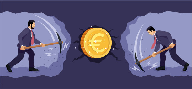 两个商人挖掘和采矿，发现黄金欧元硬币。黄金欧元硬币开采。图片下载