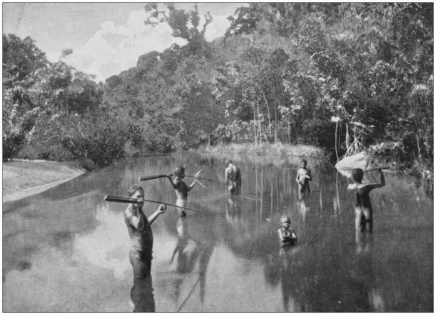澳大利亚土著人用长矛刺鱼的古董照片图片下载