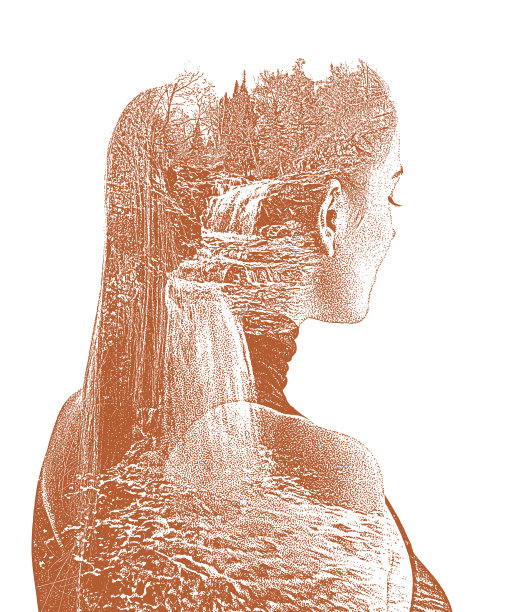 年轻女子和瀑布的多重曝光图片下载