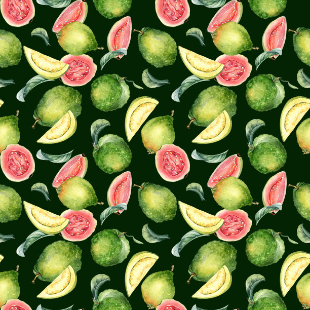 整个番石榴和切片，叶子水彩无缝图案孤立在黑色。热带水果，粉红色，黄色瓜哇果肉手绘。包装、包装、纺织品、背景、墙纸设计图片下载