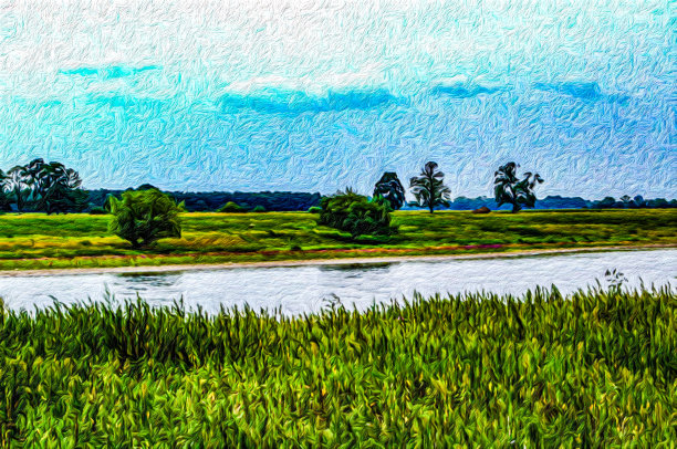 以手绘油画的风格在画布上绘制郊区风景，创意艺术设计元素图片下载