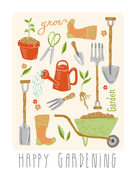 一套手绘可爱的园艺工具和设备与手工刻字图片下载