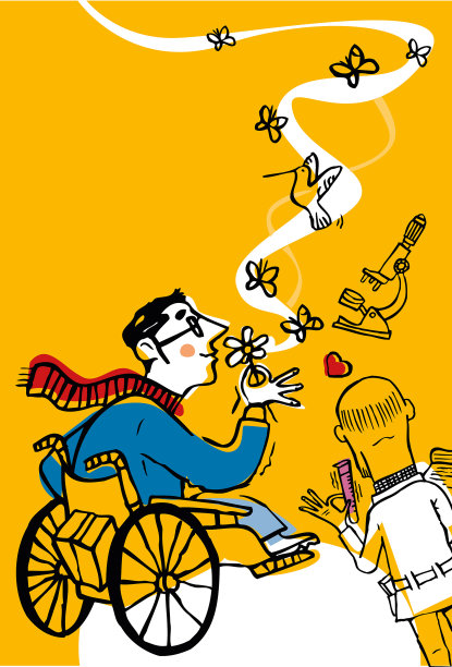 疾病的研究。坐轮椅的人。为治疗疾病而取得的医学进步。图片下载