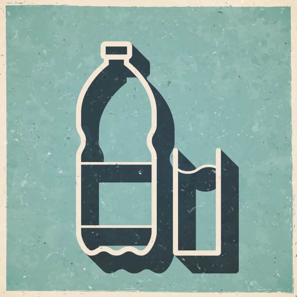 一瓶和一杯苏打水。图标在复古风格-旧纹理纸图片下载