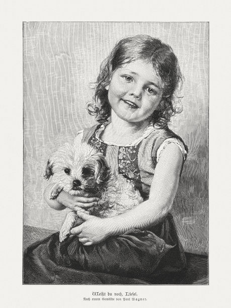 小女孩和狗，木刻，1899年出版图片下载