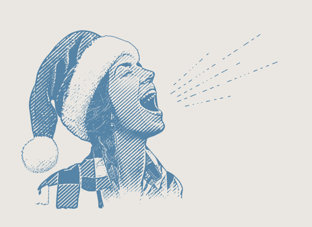 年轻女子戴着圣诞老人帽唱歌图片下载