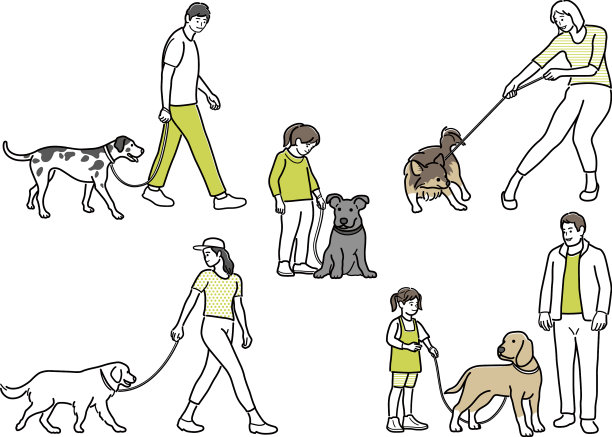 一群快乐的人牵着狗遛狗图片下载