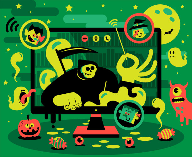 死亡、吸血鬼、弗兰肯斯坦和女巫在电脑上学习或享受虚拟万圣节派对图片下载
