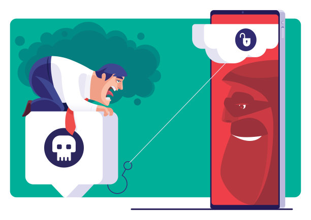惊讶的商人拿着骷髅图标，从解锁的智能手机上被钩住图片下载
