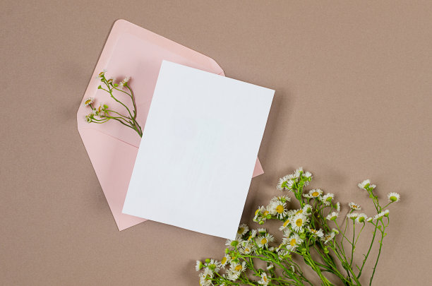 粉红色信封与空的白色卡片文字在米色背景图片下载
