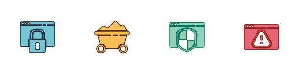 设置安全您的网站与HTTPS, SSL，煤矿手推车，浏览器屏蔽和感叹号图标。向量图片下载