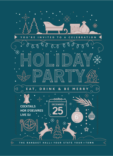 假日圣诞派对邀请设计模板与线条艺术图标图片下载